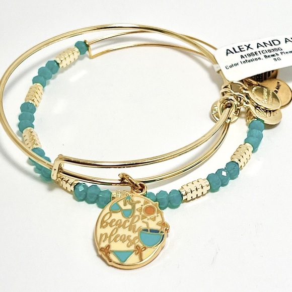 Alex and Ani “Beach Please” Set of 2 Expandable Bracelets. Shiny Gold Finish NWT - Picture 9 of 9